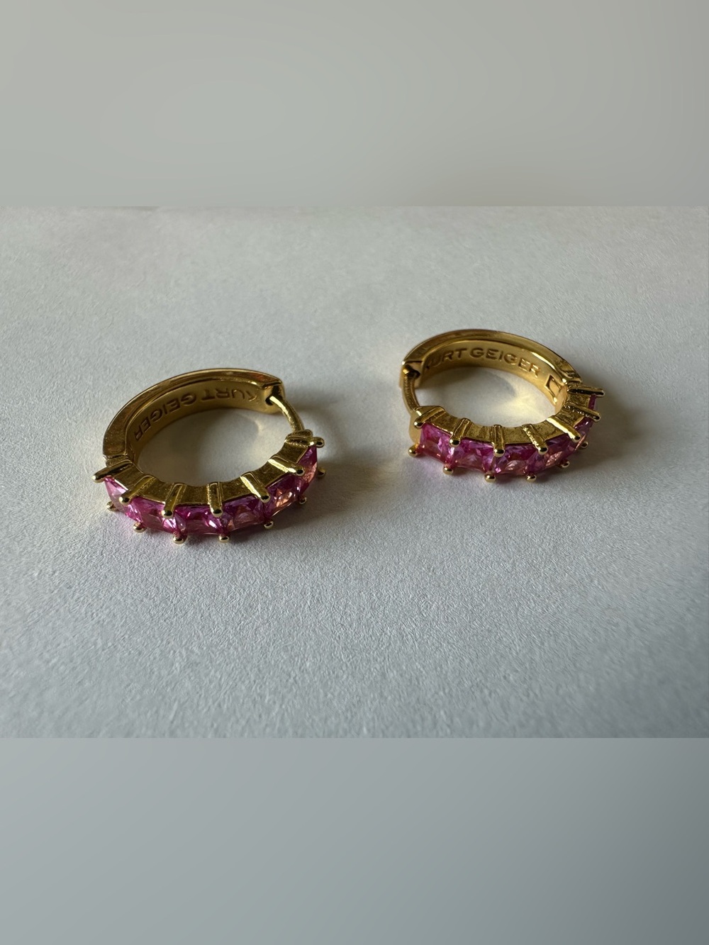 Kurt Geiger Gold 'BE KIND' Hoop Earrings with Pink Accent Stones rainbow words